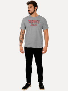 Camiseta Tommy Jeans Regular College Print Cinza Mescla