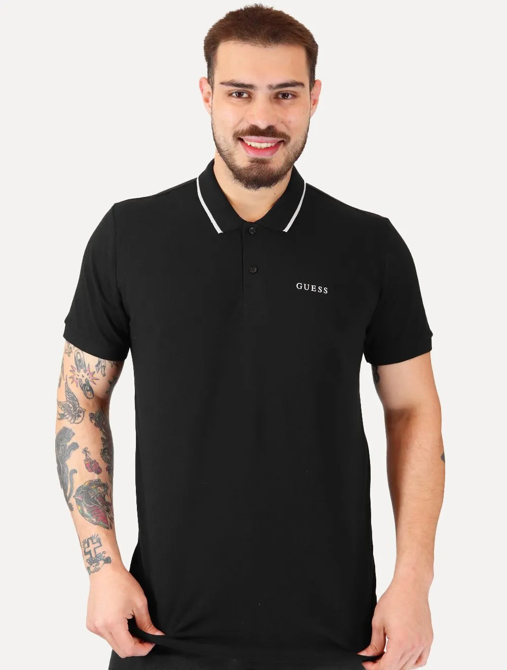 Polo Guess Masculina Piquet Silk Linear Light Friso Preta