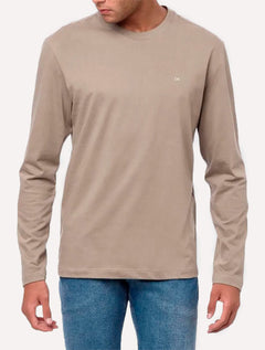 Camiseta Calvin Klein Masculina Manga Longa Meia Malha CK Cáqui Claro