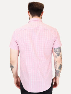 Camisa Tommy Hilfiger Masculina Manga Curta Xadrez Gingham Branca/Rosa