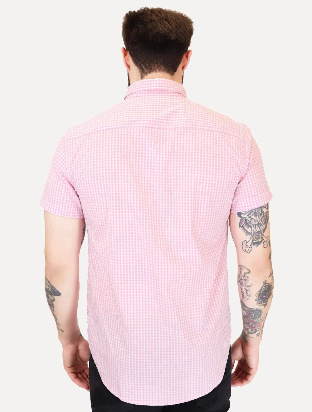 Camisa Tommy Hilfiger Masculina Manga Curta Xadrez Gingham Branca/Rosa