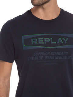 Camiseta Replay Masculina Logo Label Superior Standard Azul Marinho
