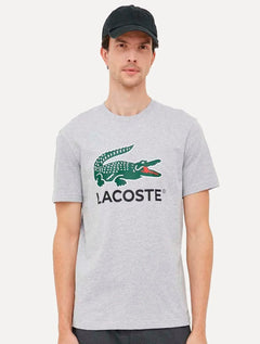 Camiseta Lacoste Masculina Jersey Croco Signature Logo Cinza Mescla