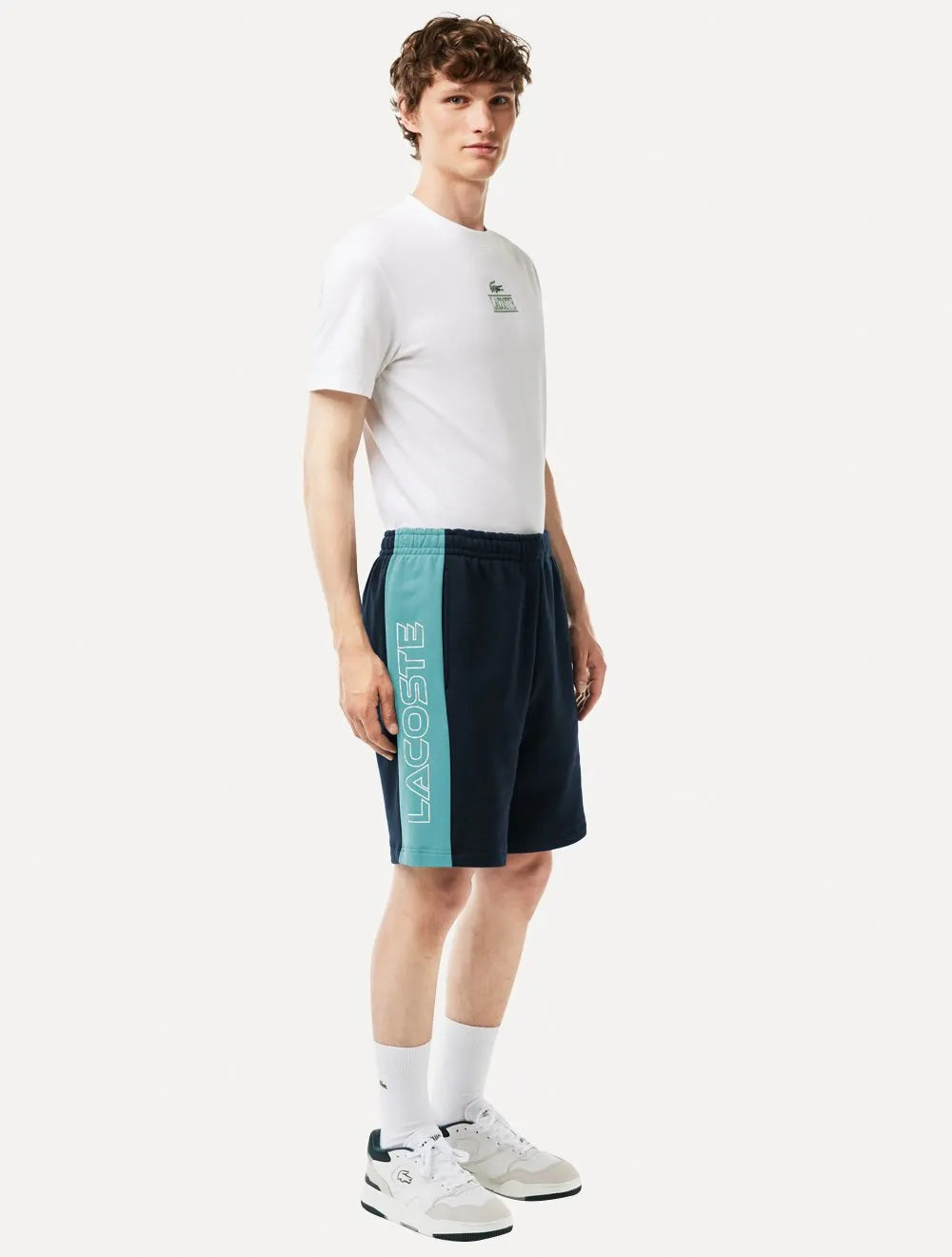 Bermuda Lacoste Masculina Moletom Fleece Colourblock Jogger Marinho