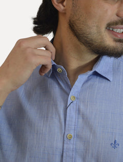 Camisa Dudalina Masculina Manga Curta Comfort Fit Slub Cotton Flame Azul Médio