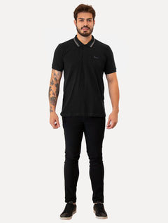 Polo Guess Masculina Piquet Friso Bordado Cursivo Preta