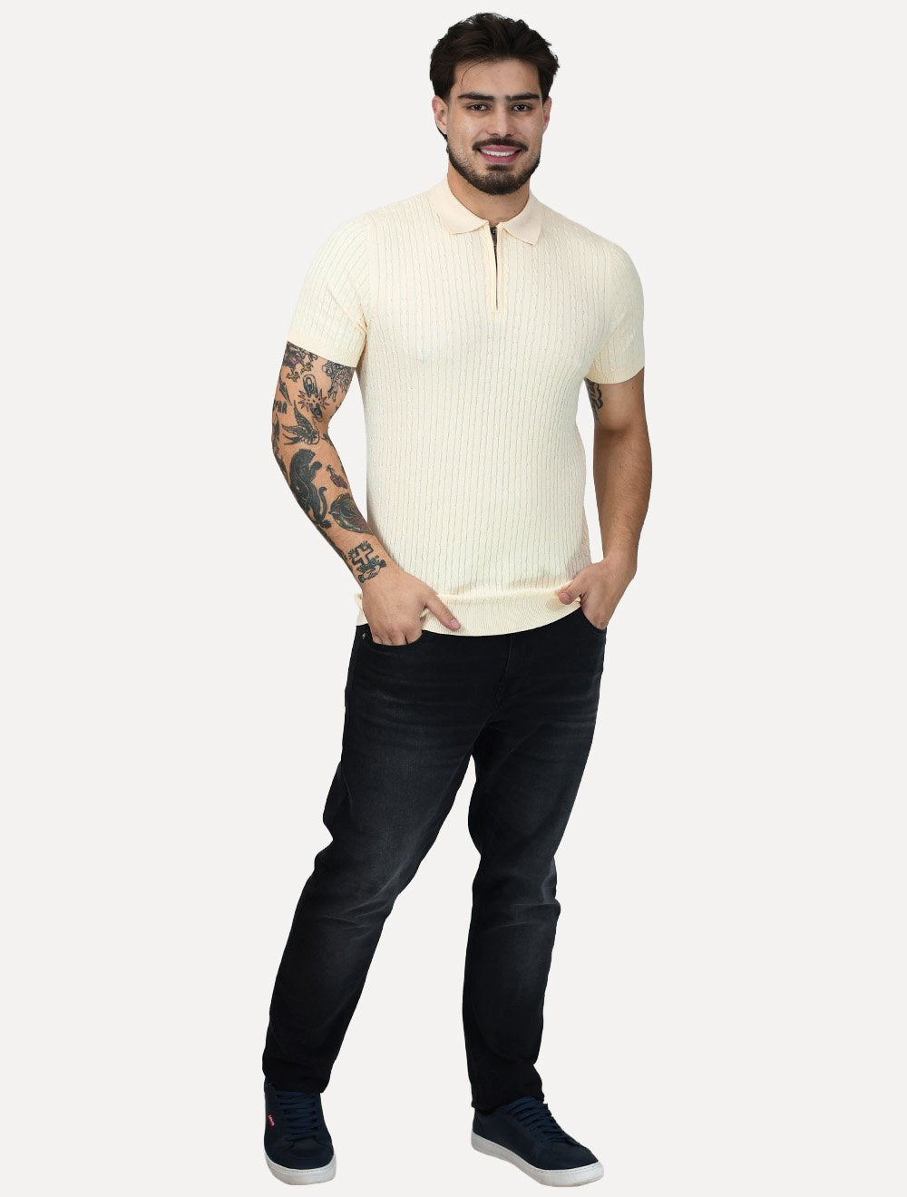 Polo Dixen Masculina Tricot Manga Curta Ziper Creme