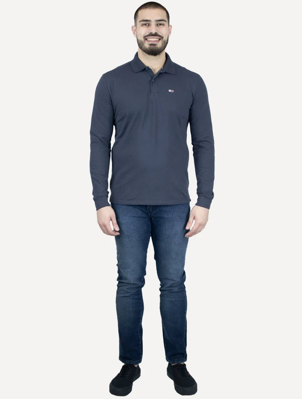 Polo Tommy Jeans Masculina Slim Piquet Flag Placket Azul Marinho