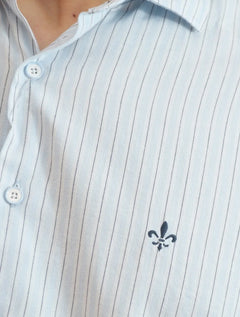 Camisa Dudalina Masculina Manga Curta Comfort Fit Slub Cotton Flame Listras Azul Claro