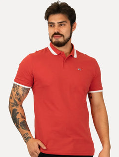 Polo Tommy Jeans Masculina Piquet Regular Placket Friso Vermelha
