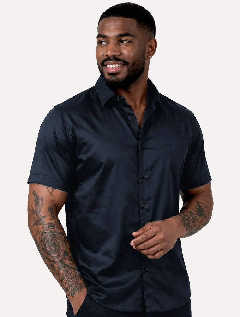 Camisa Aramis Masculina Manga Curta Slim Cetim Hudson Azul Marinho