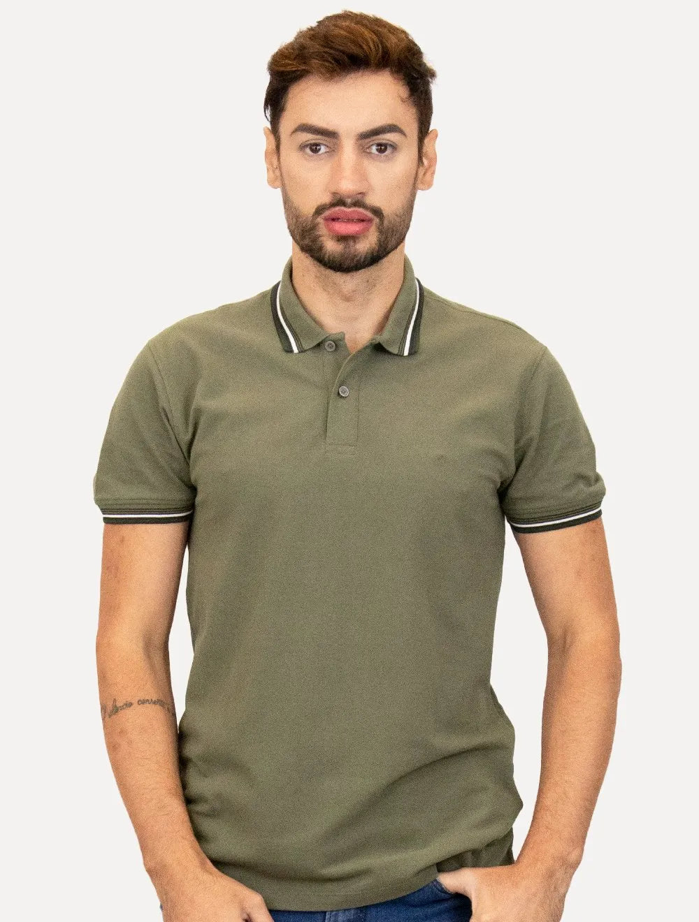 Polo Aramis Masculina Piquet Duplo 6 Frisos Verde Sálvia