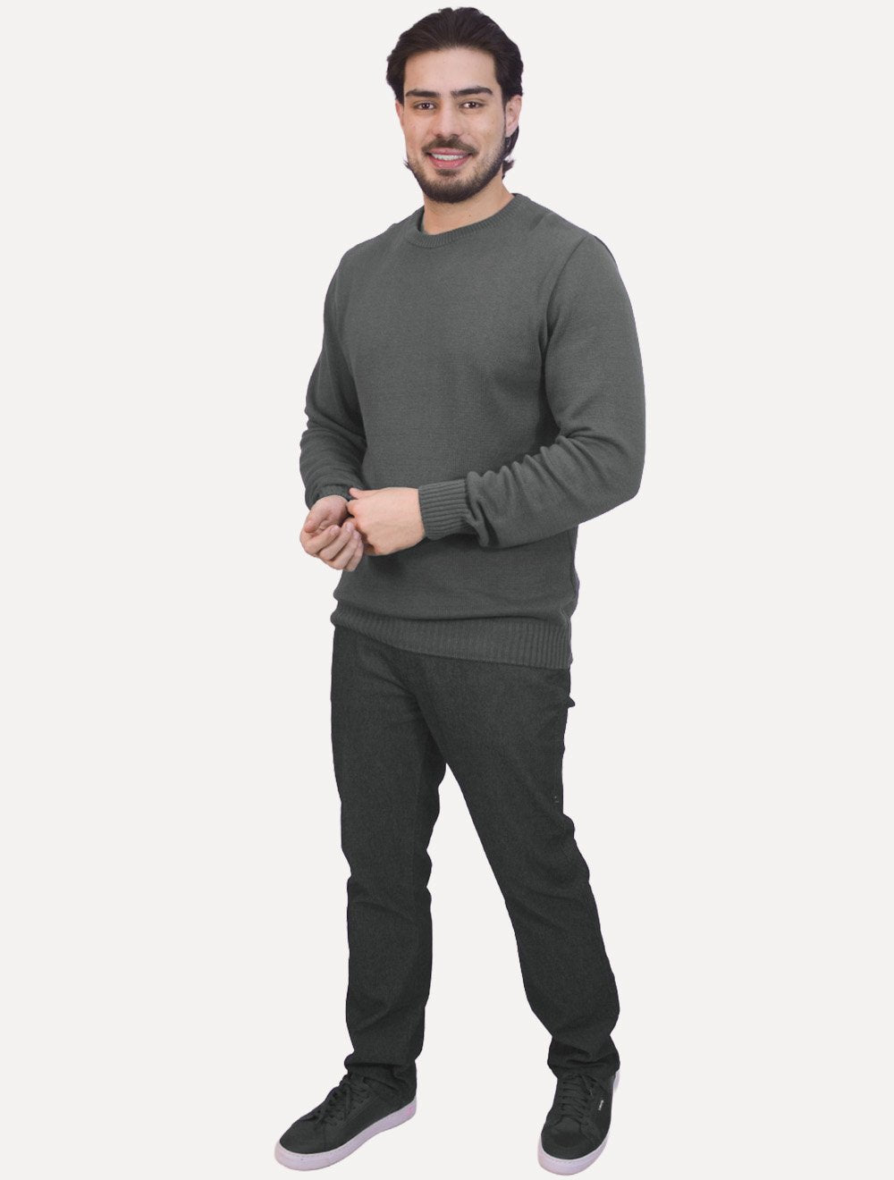 Suéter Dixen Masculino Tricot Gola Redonda Estonada Chumbo