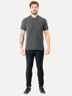 Polo Guess Masculina Piquet Bordado Friso Gola Cinza Escuro Mescla