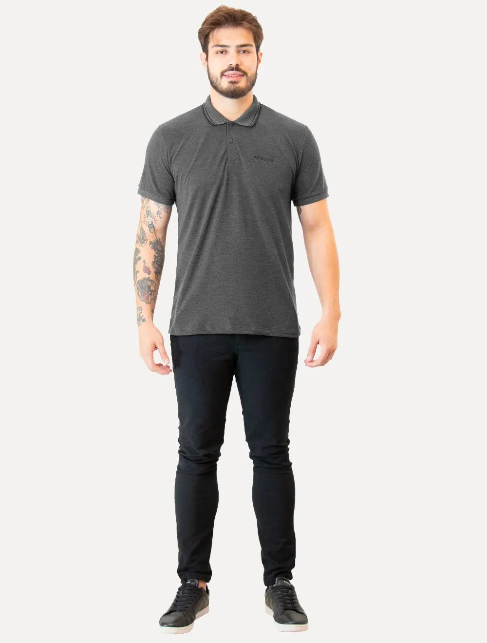 Polo Guess Masculina Piquet Bordado Friso Gola Cinza Escuro Mescla