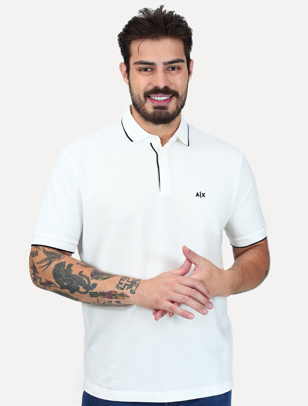 Polo Armani Exchange Masculina Regular Fit Dark Logo Icon AX Off White