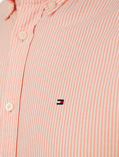 Camisa Tommy Hilfiger Masculina Manga Curta Regular Oxford Stripes Laranja Mescla