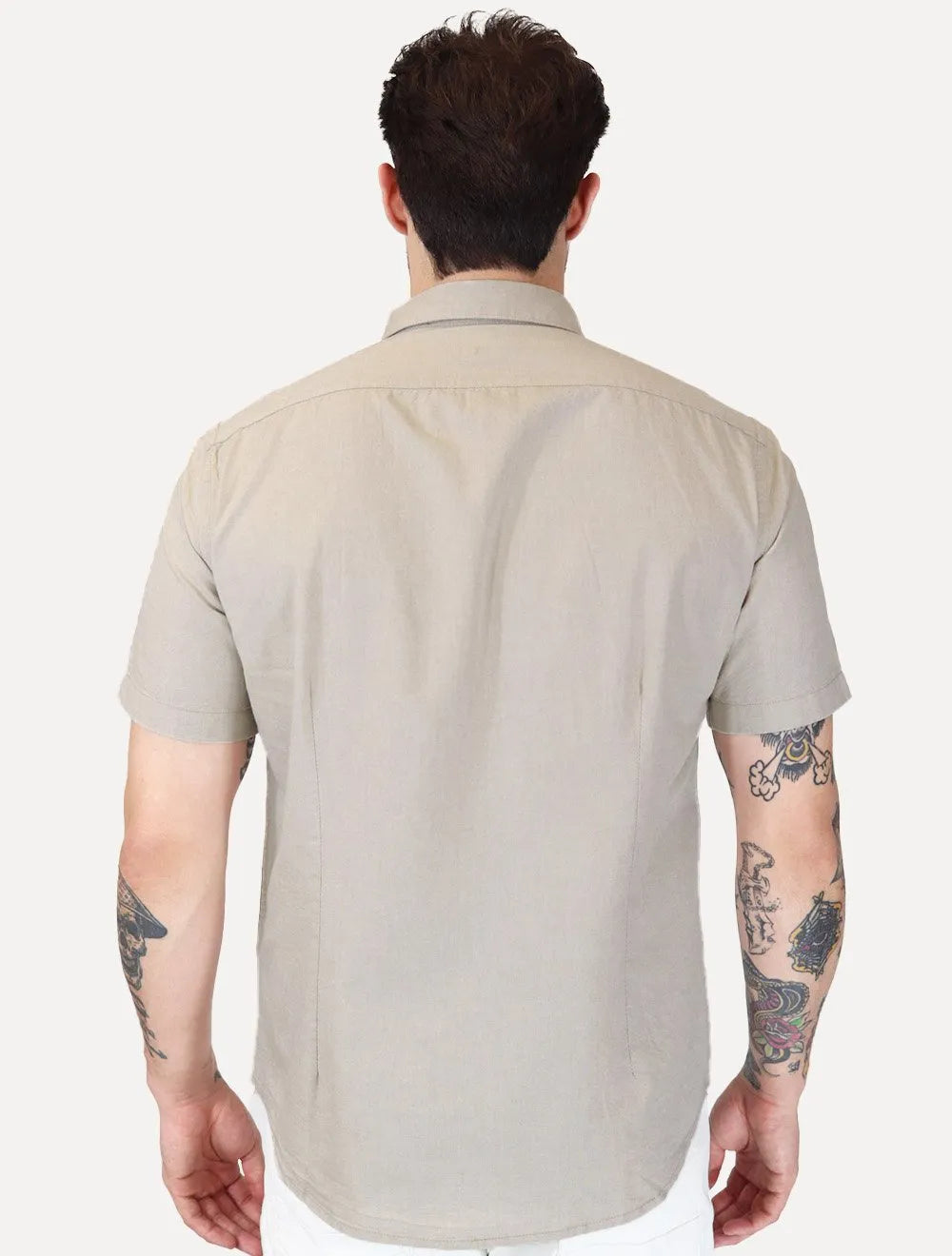 Camisa Aramis Masculina Slim Manga Curta Oxford Button Down Cáqui Claro