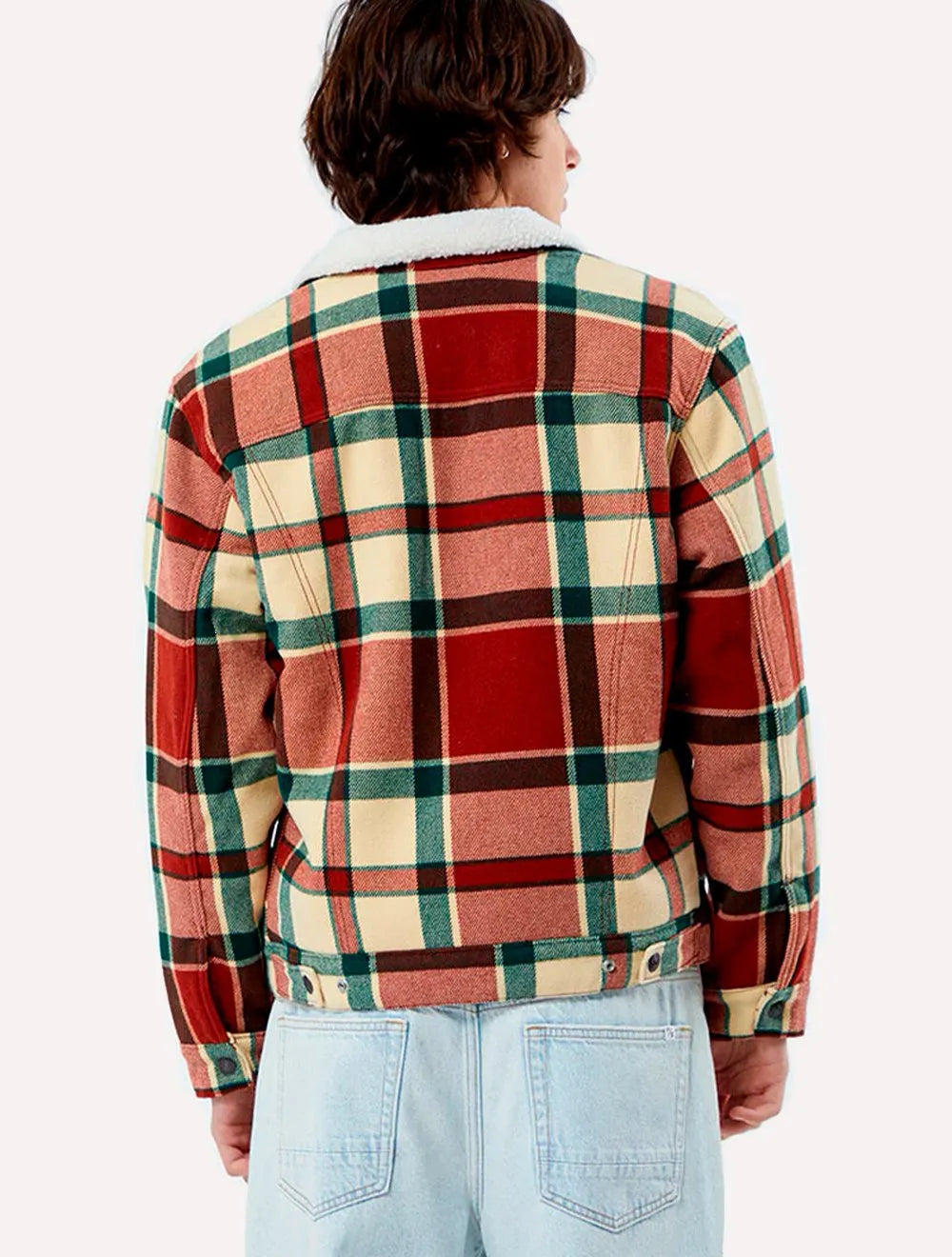 Jaqueta Levis Jeans Masculina Trucker Xadrez Tipo III Sherpa Cáqui Marrom