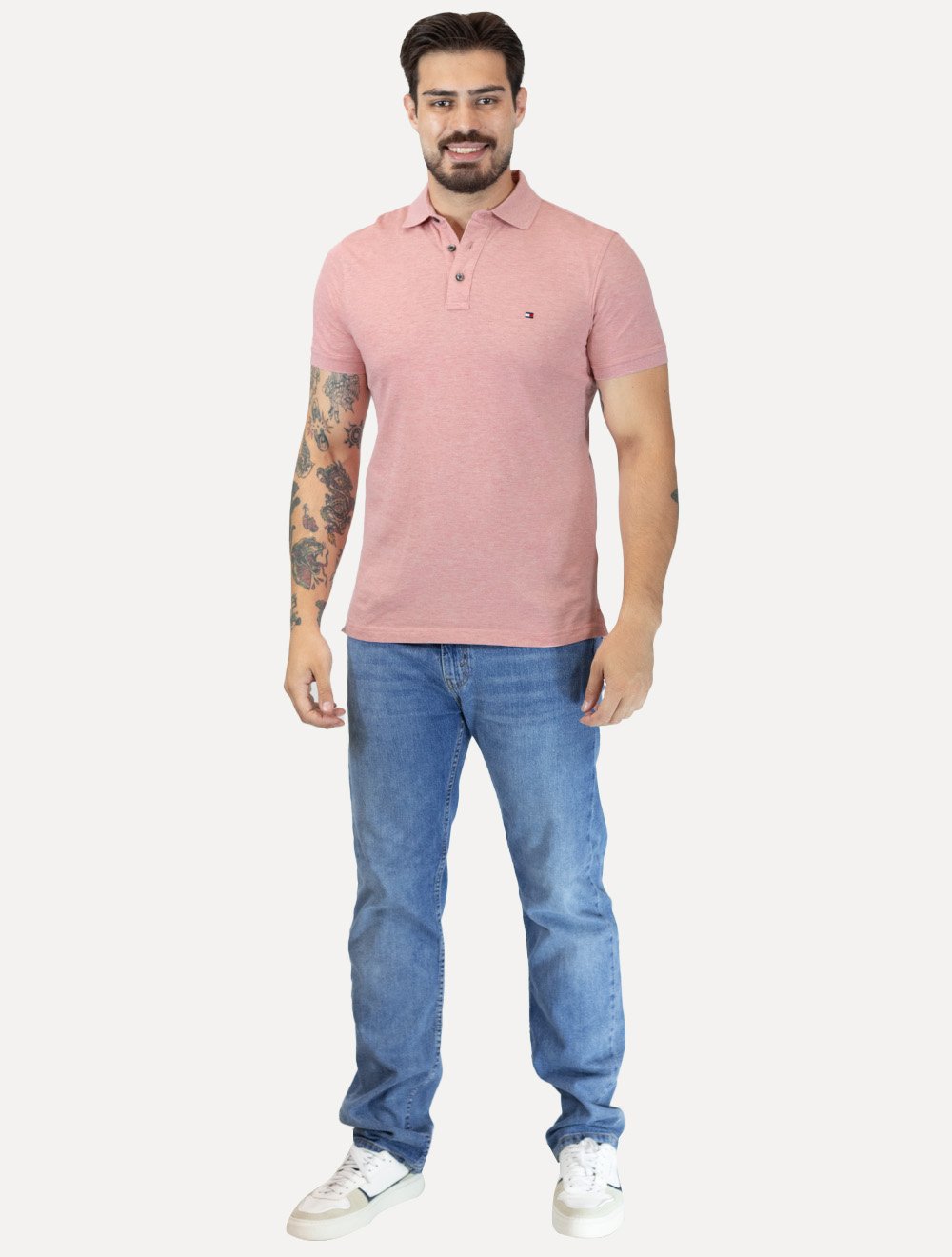 Polo Tommy Hilfiger Masculina Slim Piquet 1985 Rosa Claro Mescla