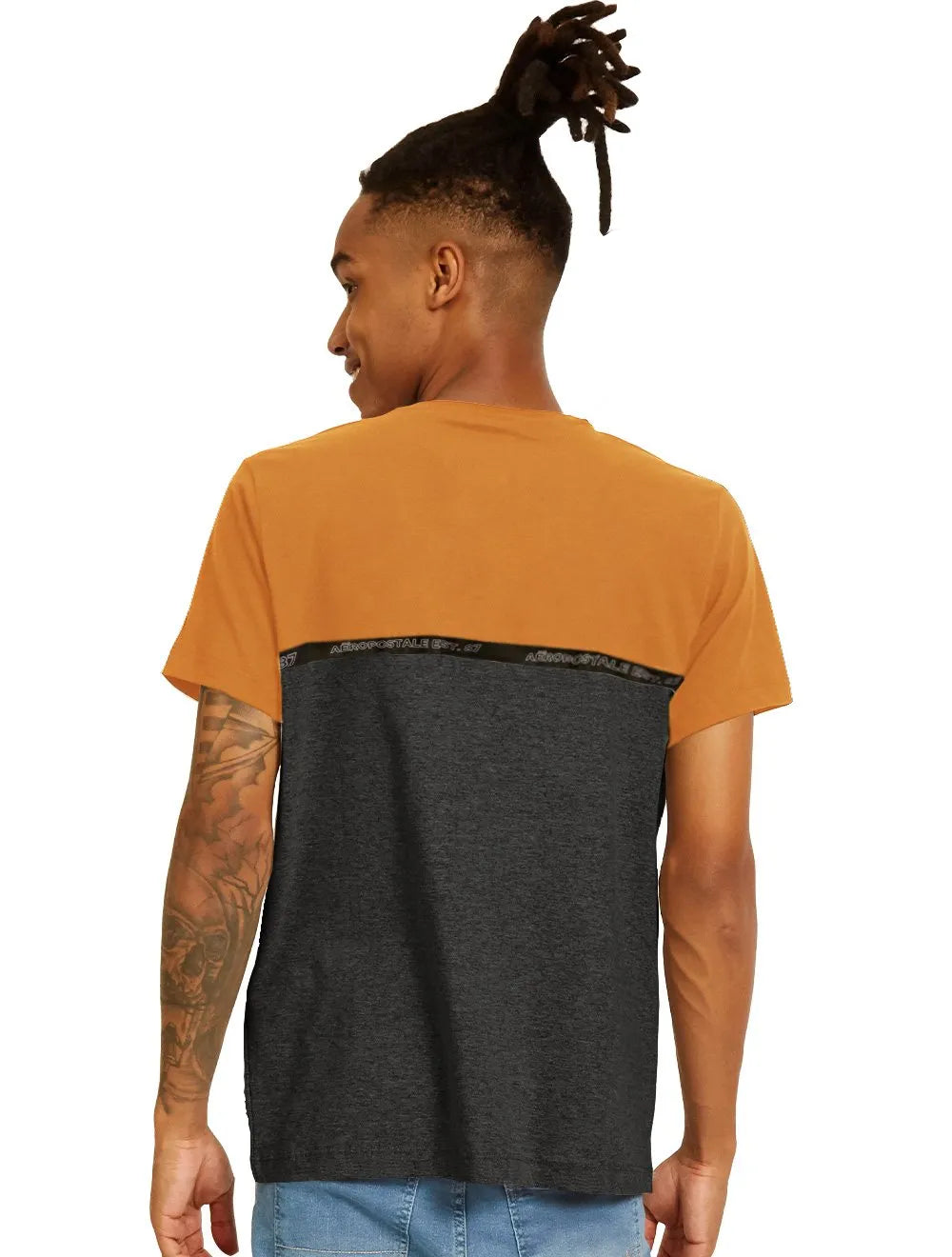 Camiseta Aeropostale Masculina Colorblock Chest Tape Mostarda/Grafite Mescla