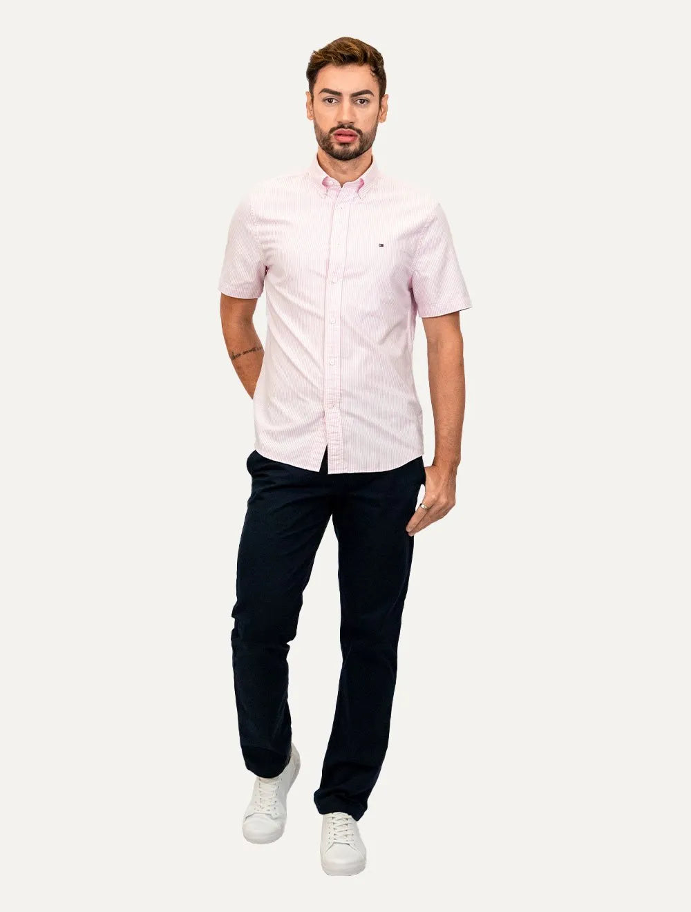 Camisa Tommy Hilfiger Masculina Manga Curta Regular Oxford Stripes Rosa Mescla
