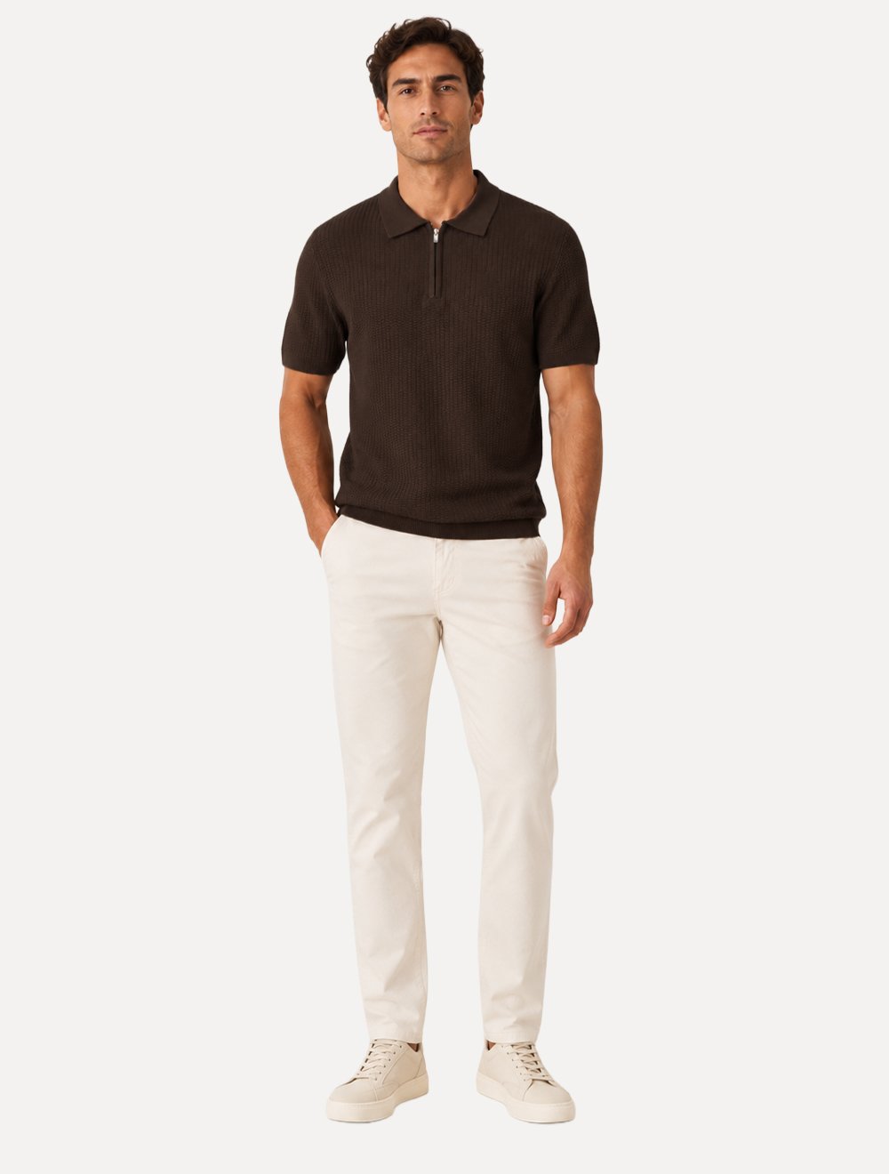 Polo Dixen Masculina Tricot Texturizada Manga Curta Ziper Marrom