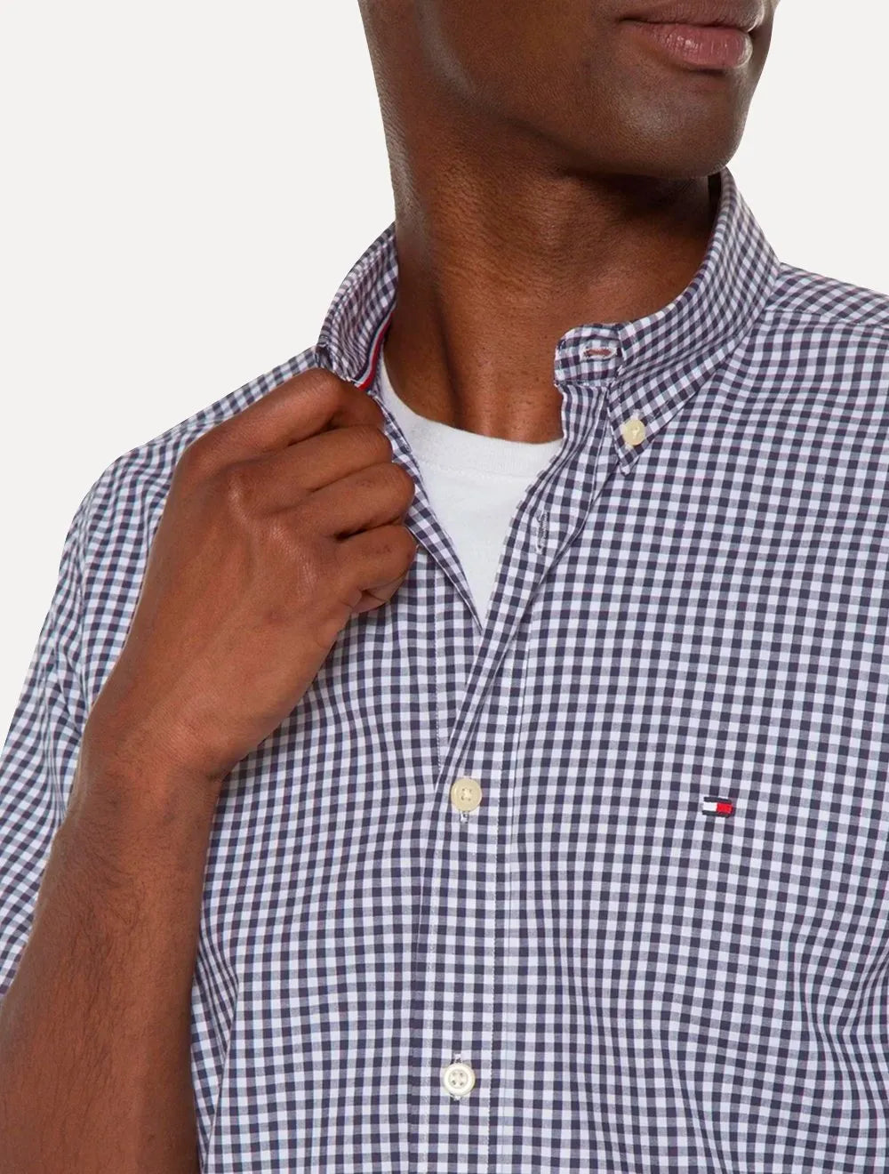 Camisa Tommy Hilfiger Masculina Manga Curta Xadrez Gingham Branca/Marinho