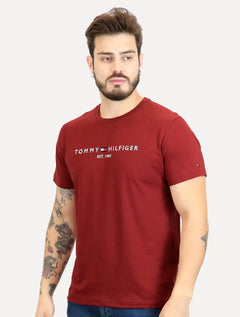 Camiseta Tommy Hilfiger Masculina Core Logo Vermelho Escuro