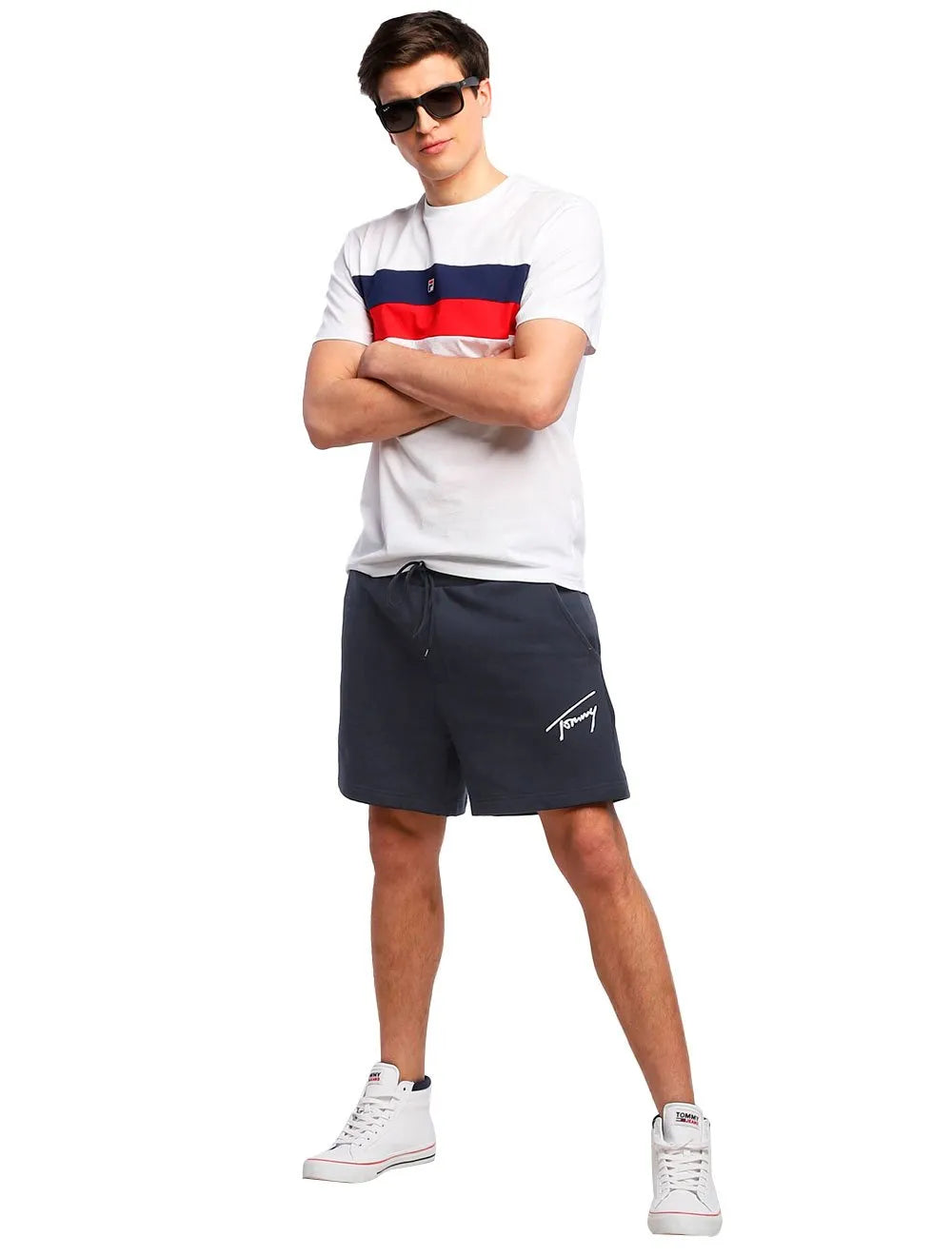 Bermuda Tommy Jeans Masculina Moletom Embroidered Signature Azul Marinho