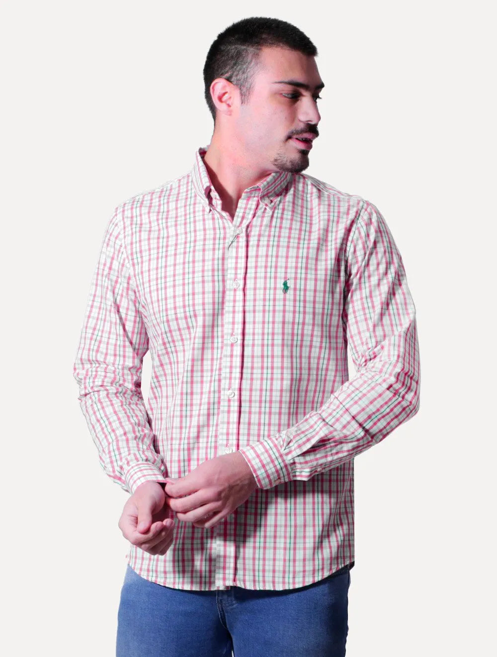Camisa Ralph Lauren Masculina Custom Fit Atenas Xadrez Coral/Branca