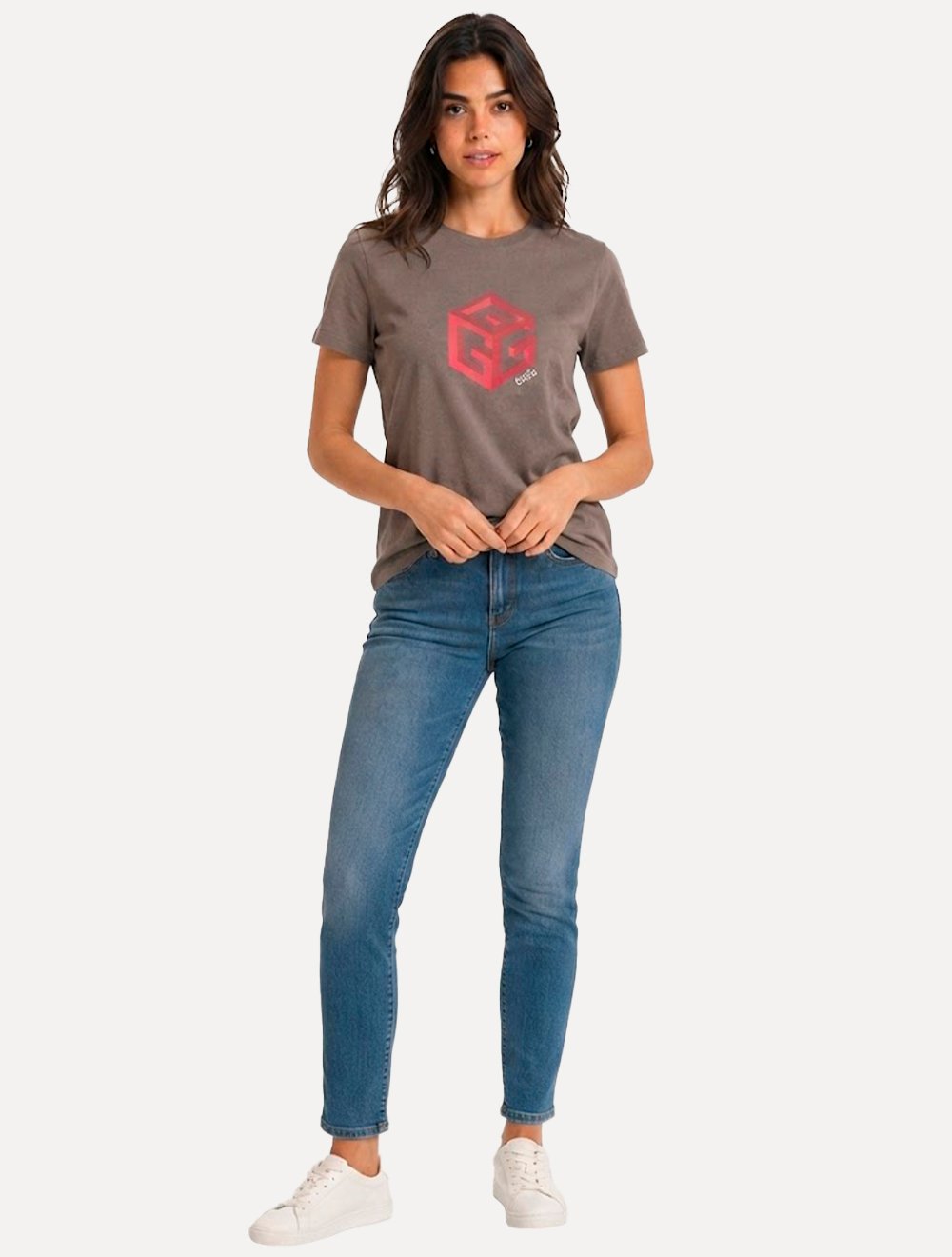 Camiseta Guess Feminina Cube 3D Logo Marrom