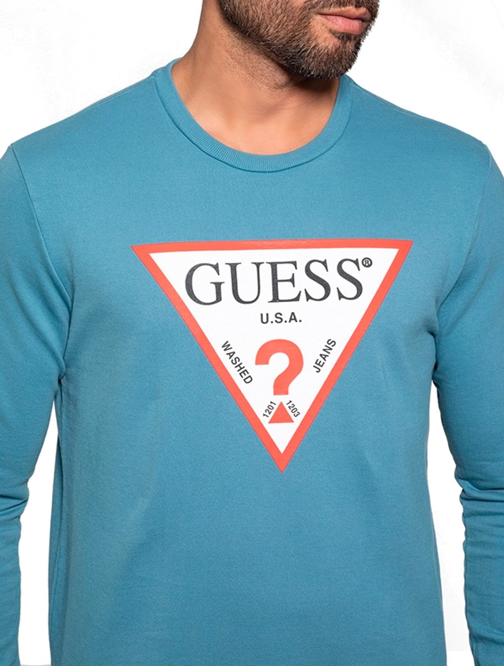 Moletom Guess Masculino Crewneck Triangle Logo Azul Médio