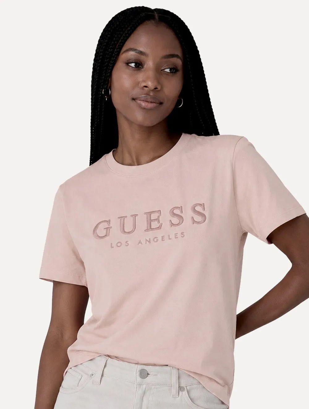 Camiseta Guess Feminina Los Angeles Embroidery Logo Rosa Claro