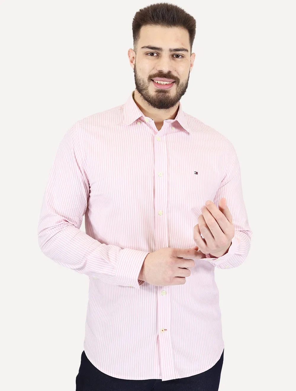 Camisa Tommy Hilfiger Masculina Regular Striped Poplin Rosa Médio
