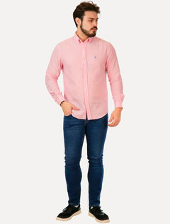 Camisa Ralph Lauren Masculina Linho Blue Icon Rosa Claro Mescla