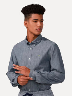 Camisa Lacoste Masculina Slim Cotton Chambray Chumbo Mescla