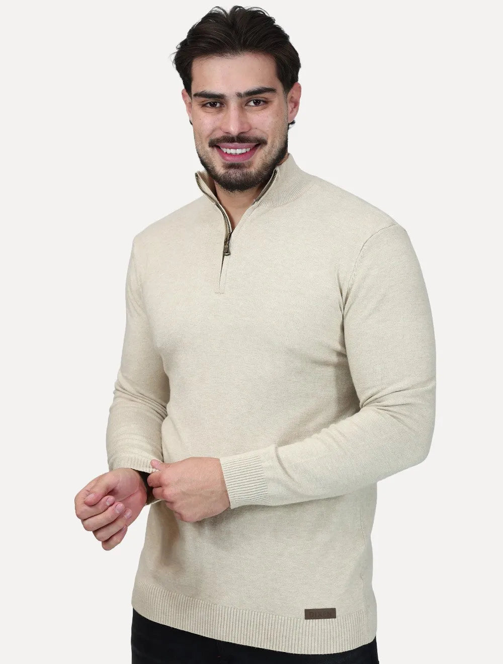 Suéter Dixen Masculina Tricot Manga Longa com Ziper Frontal Areia