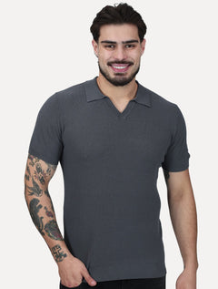 Polo Dixen Masculina Tricot Manga Curta Cinza
