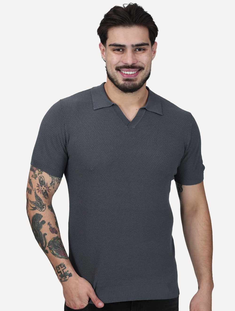 Polo Dixen Masculina Tricot Manga Curta Cinza