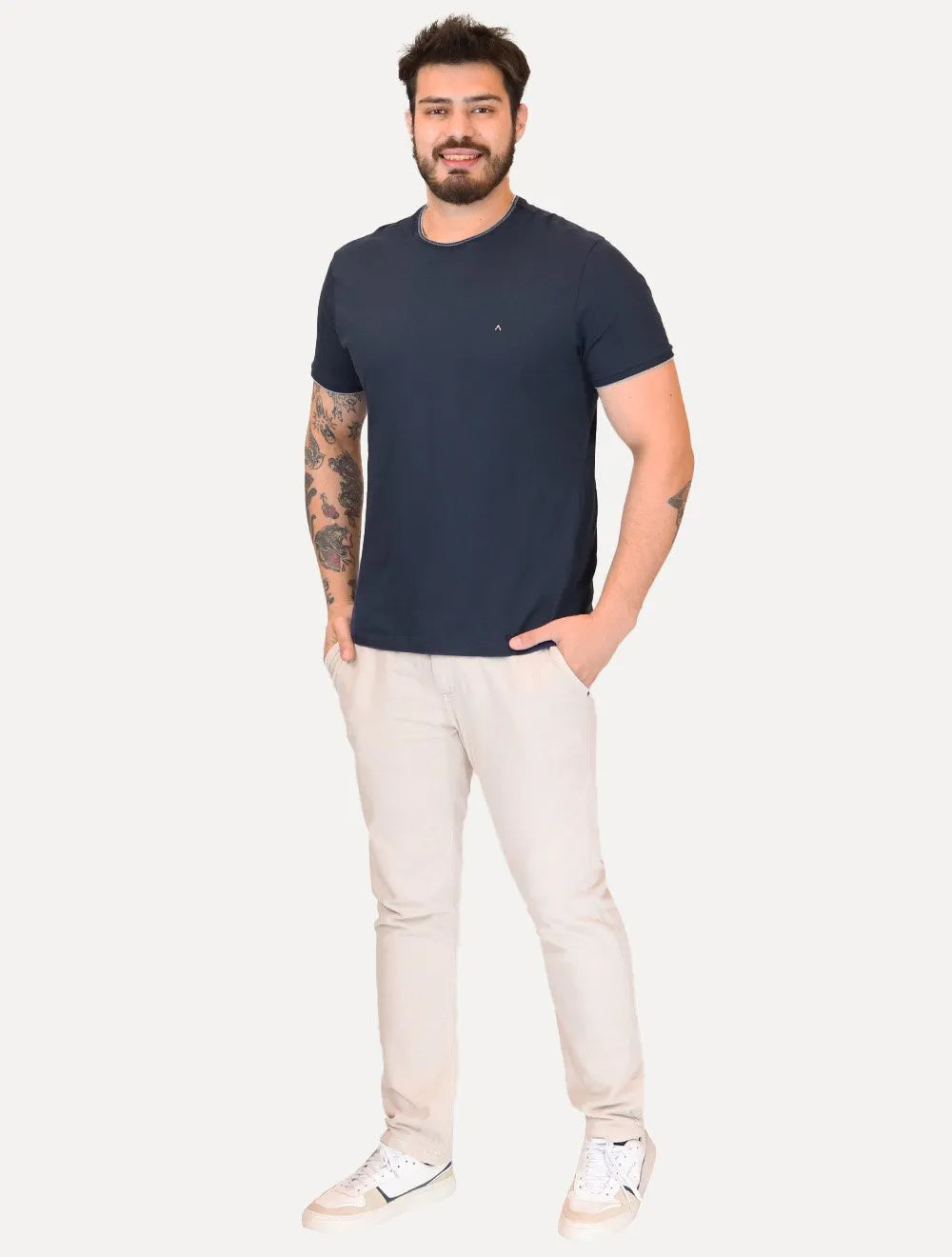 Camiseta Aramis Masculina Grey Friso Gola Light Logo Azul Marinho