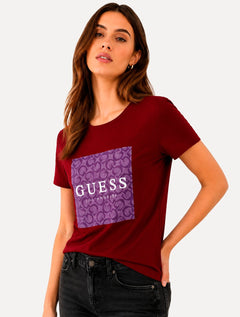 Camiseta Guess Feminina Silk Block Logo Vermelho Escuro