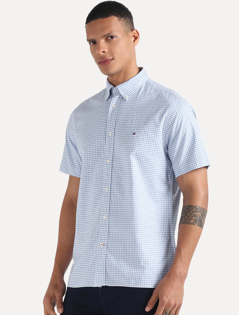 Camisa Tommy Hilfiger Masculina Manga Curta Xadrez Gingham Branca/Azul Claro