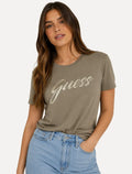 Camiseta Guess Feminina Signature Bright Logo Marrom Claro