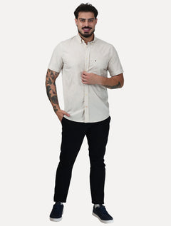 Camisa Tommy Hilfiger Masculina Manga Curta Regular Listrada Oxford Cáqui
