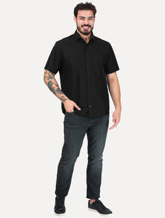 Camisa Dudalina Masculina Manga Curta Comfort Superfine Cotton Mono Logo Lisa Preta