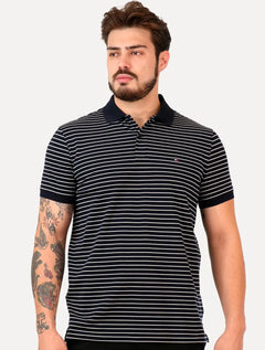 Polo Tommy Hilfiger Masculina Regular Piquet Tech Stripe Azul Marinho