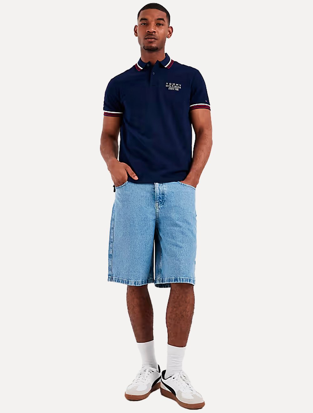 Polo Tommy Hilfiger Masculina Regular Stripe Collar Cuff Detail Azul Marinho