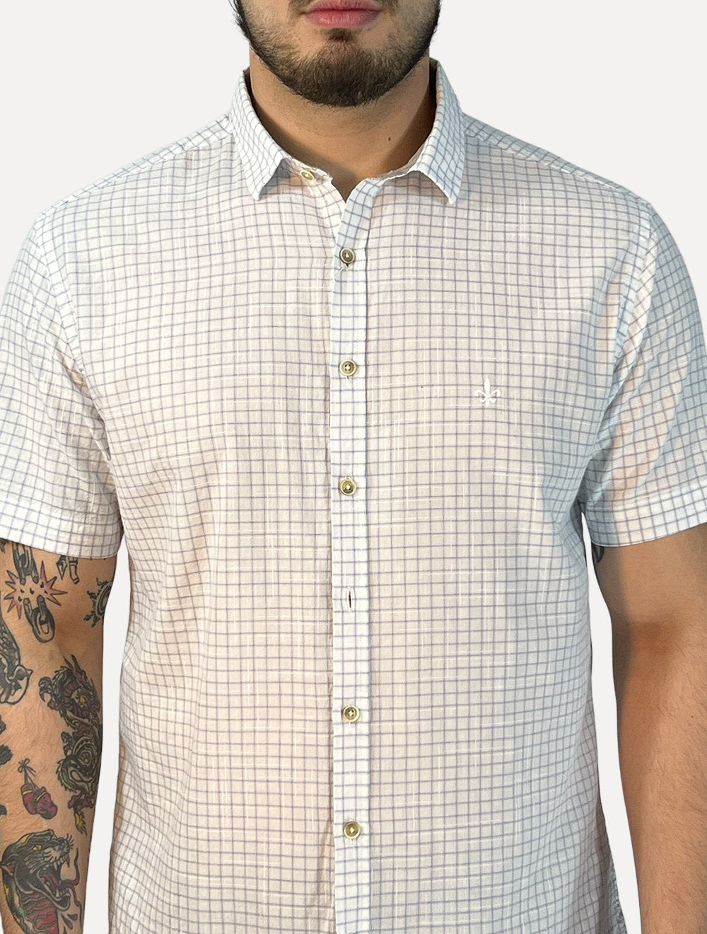 Camisa Dudalina Masculina Manga Curta Slim Flamê Xadrez Mono Logo Branca