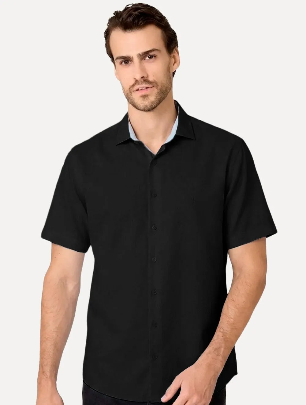 Camisa Dudalina Masculina Manga Curta Slim Superfine Cotton Tricoline Lisa Preta